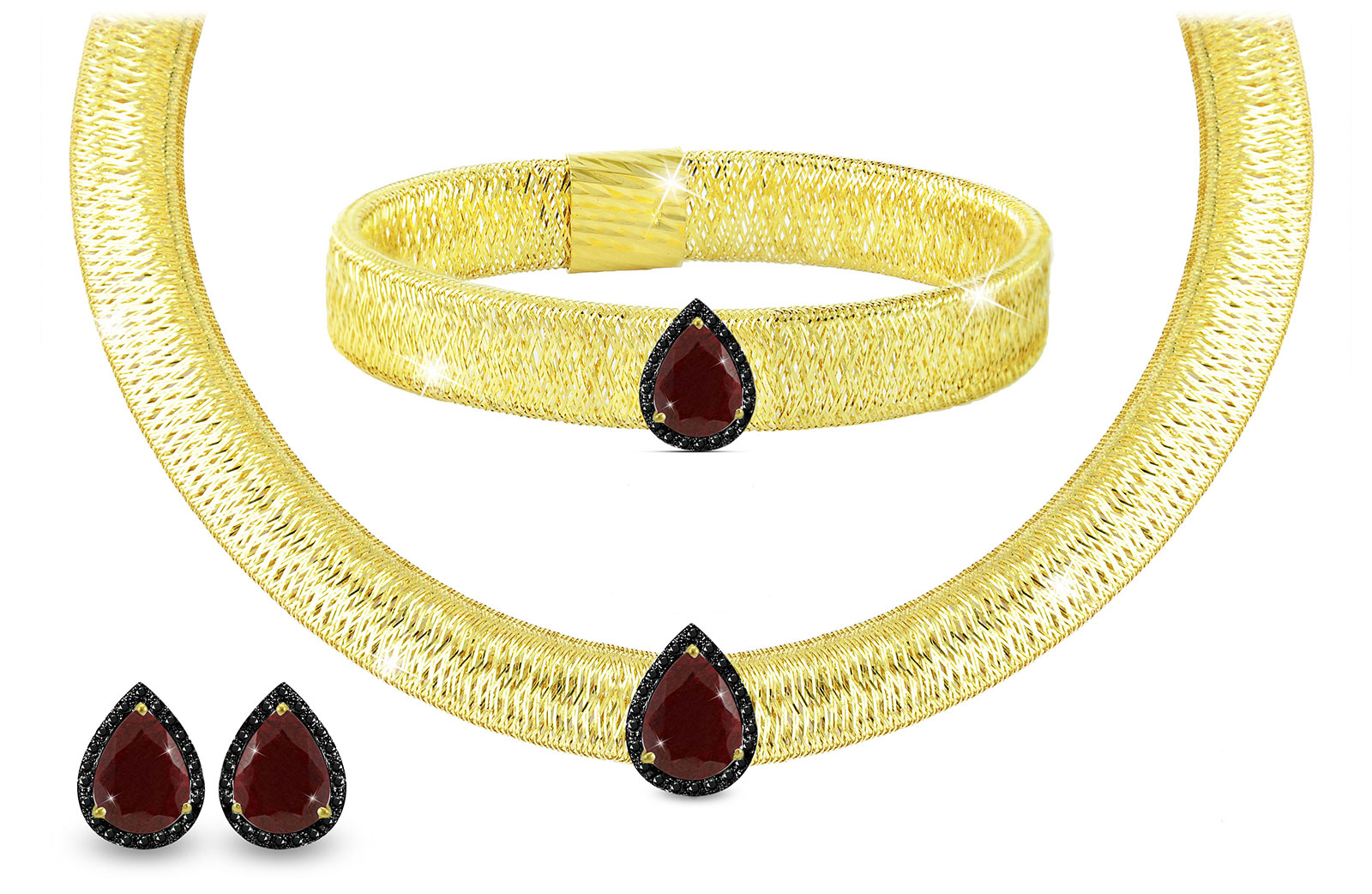 Vera Perla 18K Gold 0.48ct Black Diamonds, Ruby Jewelry Set - 3 pcs.